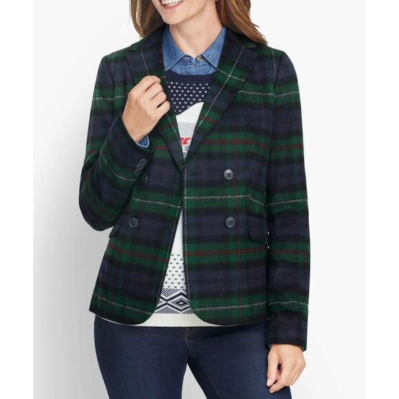 Talbots Brushed Wool Double Breasted Blazer Jacket Tartan Plaid Green 10P - Picture 1 of 8
